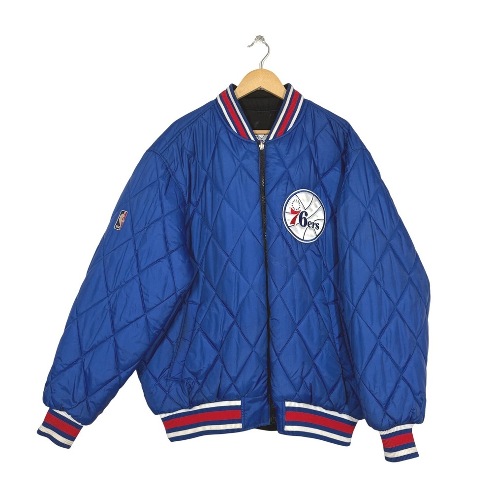 NBA Philadelphia 76ers Reversible Bomber Jacket Mens XL Blue Black Quilted 76ers